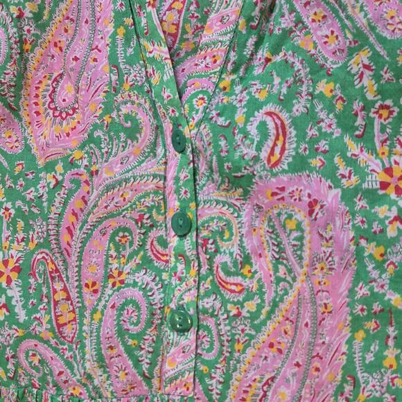 Ba&sh Lady Dress Small Green Pink Paisley V-Neck A Line 3/4 Sleeve Tiered Odeon - Picture 11 of 11